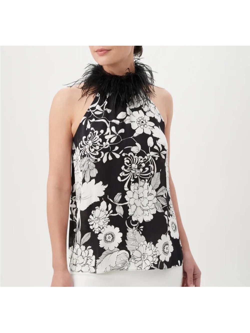 Trina Turk Grand Feather-Embellished Halter Top Floral Black White NWT Small